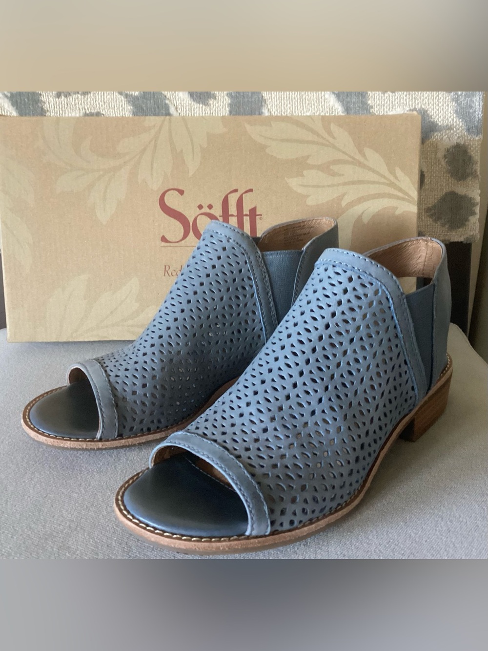 Blue Perforated Peep-Toe Booties by Sofft